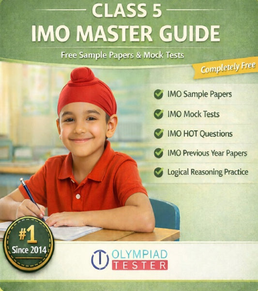 Class 5 SOF IMO Master Guide banner with free mock tests, sample papers, HOT questions and previous year papers – Olympiadtester.