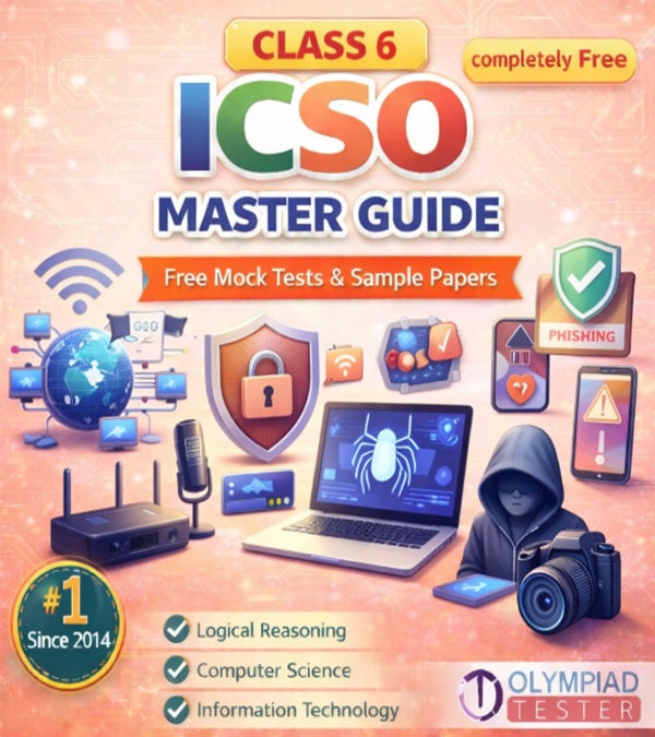 Class 6 ICSO Master Guide – Free Mock Tests and Sample Papers featuring networking and cyber safety theme with router, globe network, shield lock, laptop security alert and anti-phishing icons on a light red background | Olympiadtester.