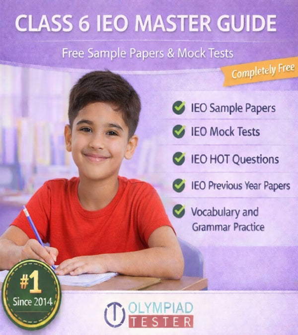 Class 6 IEO Master Guide – Free Mock Tests and Sample Papers on a light purple background featuring an older boy in a red top writing at a desk | Olympiadtester.