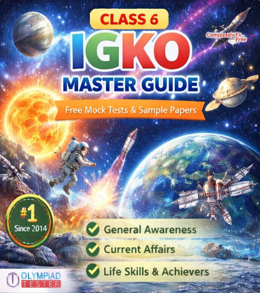 Class 6 IGKO Master Guide – Free Mock Tests and Sample Papers featuring celestial bodies and space theme with planets, sun, earth and rockets | Olympiadtester.