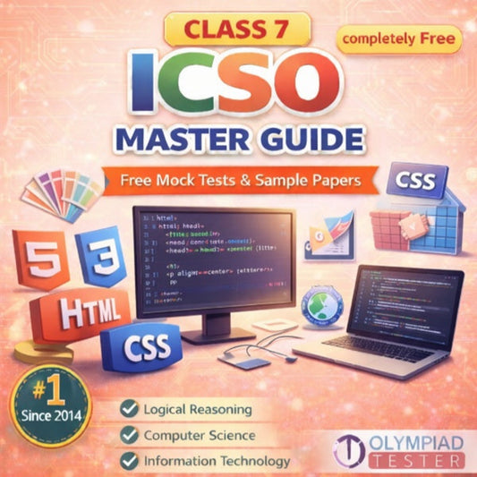 Class 7 ICSO Master Guide – Free Mock Tests and Sample Papers featuring HTML and CSS coding theme with monitor displaying web code, CSS panels and laptop on a light red background | Olympiadtester.