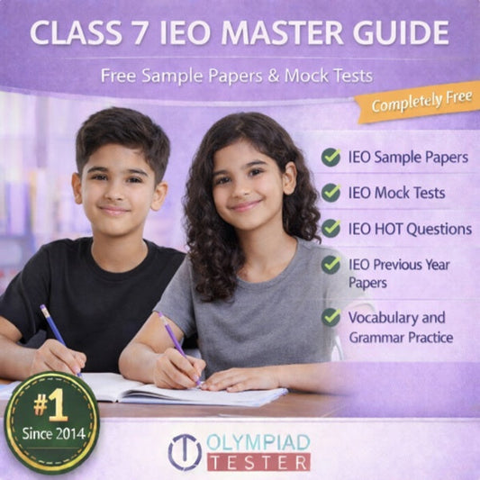 Class 7 IEO Master Guide – Free Mock Tests and Sample Papers on a light purple background featuring an older boy in a black top and an older girl in a grey top studying together | Olympiadtester.