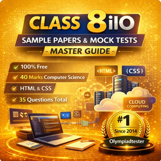 Class 8 International Informatics Olympiad (iIO) Sample Papers and Mock Tests Master Guide by Olympiadtester for SilverZone exam preparation featuring HTML, CSS and Cloud Computing concepts.