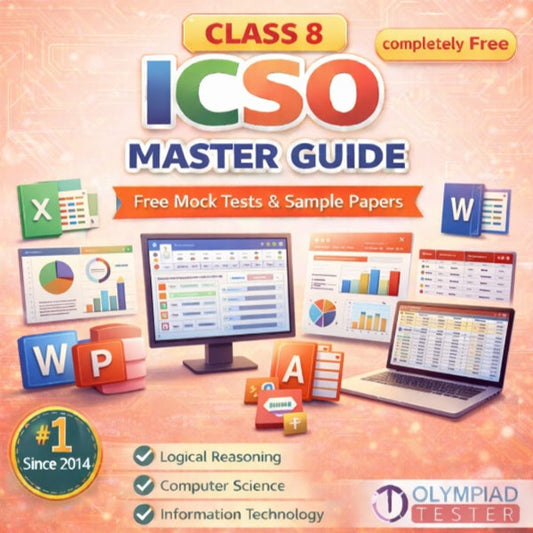 Class 8 ICSO Master Guide – Free Mock Tests and Sample Papers featuring MS Office theme with Excel charts, Word documents, PowerPoint slides and Access database icons on a light red background | Olympiadtester.