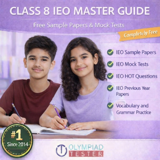 Class 8 IEO Master Guide – Free Mock Tests and Sample Papers on a light purple background featuring an older boy with a slight moustache and a girl in different color tops studying together | Olympiadtester.