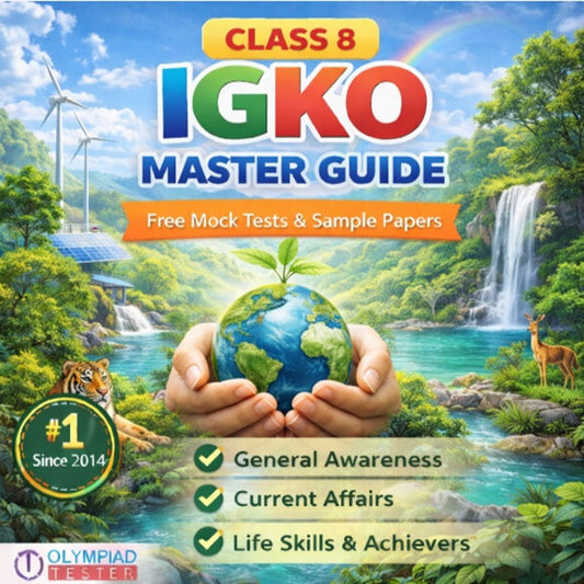 Class 8 IGKO Master Guide – Free Mock Tests and Sample Papers featuring environment theme with earth, greenery, wildlife and renewable energy | Olympiadtester.