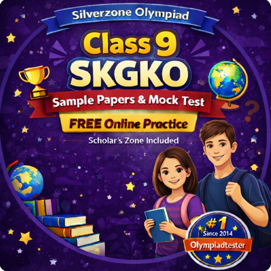 Class 9 SKGKO sample papers and mock tests free online practice for Silverzone Olympiad by Olympiadtester with violet background.