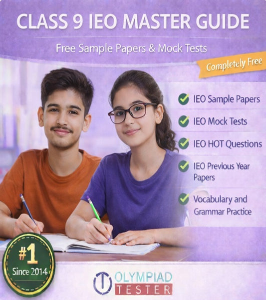 Class 9 IEO Master Guide – Free Mock Tests and Sample Papers on a light purple background featuring an older boy with a noticeable moustache in an orange top and an older girl in a violet top with ponytail and glasses | Olympiadtester.