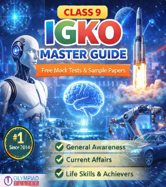 Class 9 IGKO Master Guide – Free Mock Tests and Sample Papers featuring high-tech science and technology theme with AI robot, rocket launch and futuristic innovations | Olympiadtester.