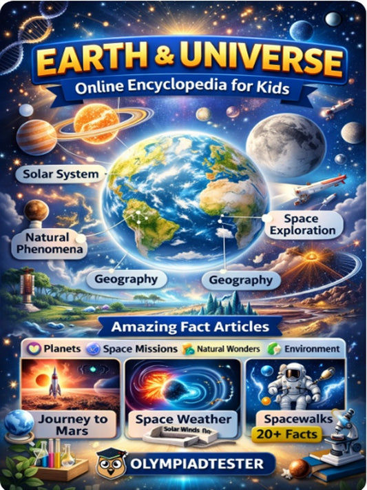 Earth and Universe online encyclopedia cover featuring Earth, planets, solar system, space exploration, and natural phenomena.