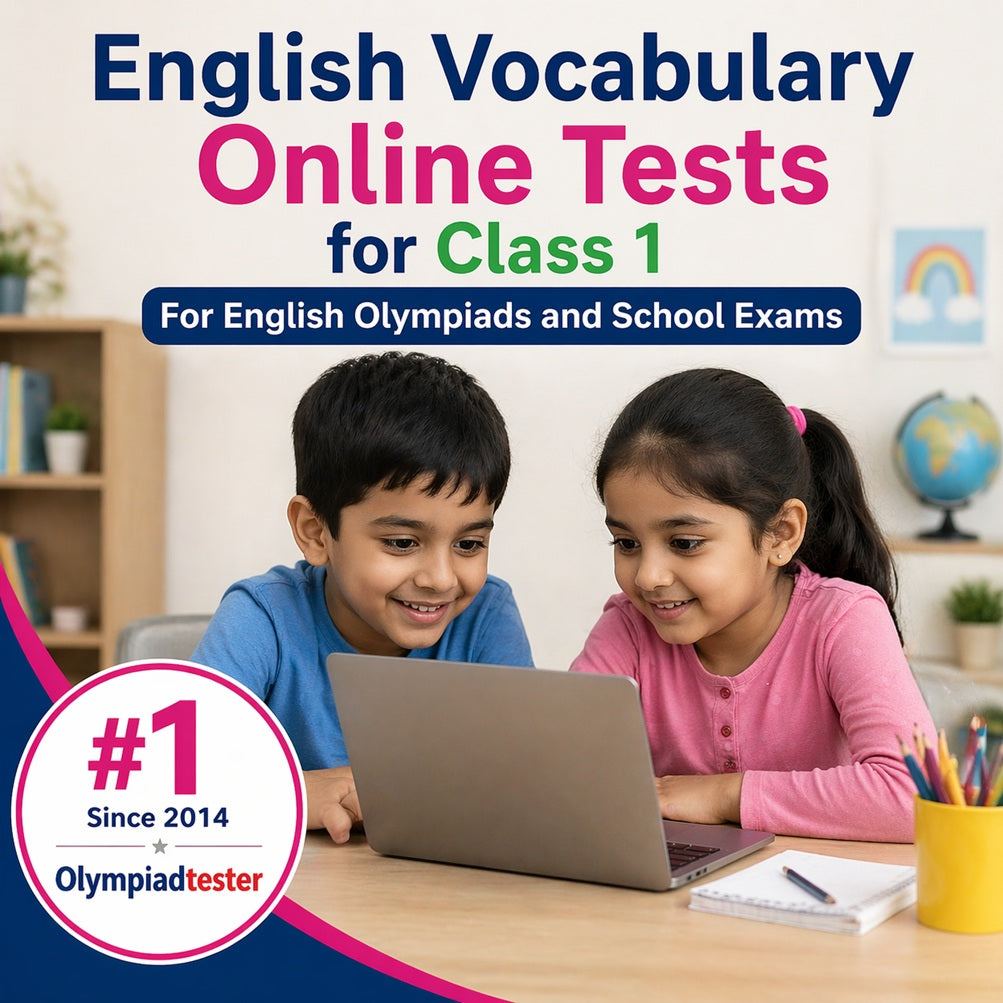 Class 1 students taking English vocabulary online tests for Olympiads and school exams on laptops.