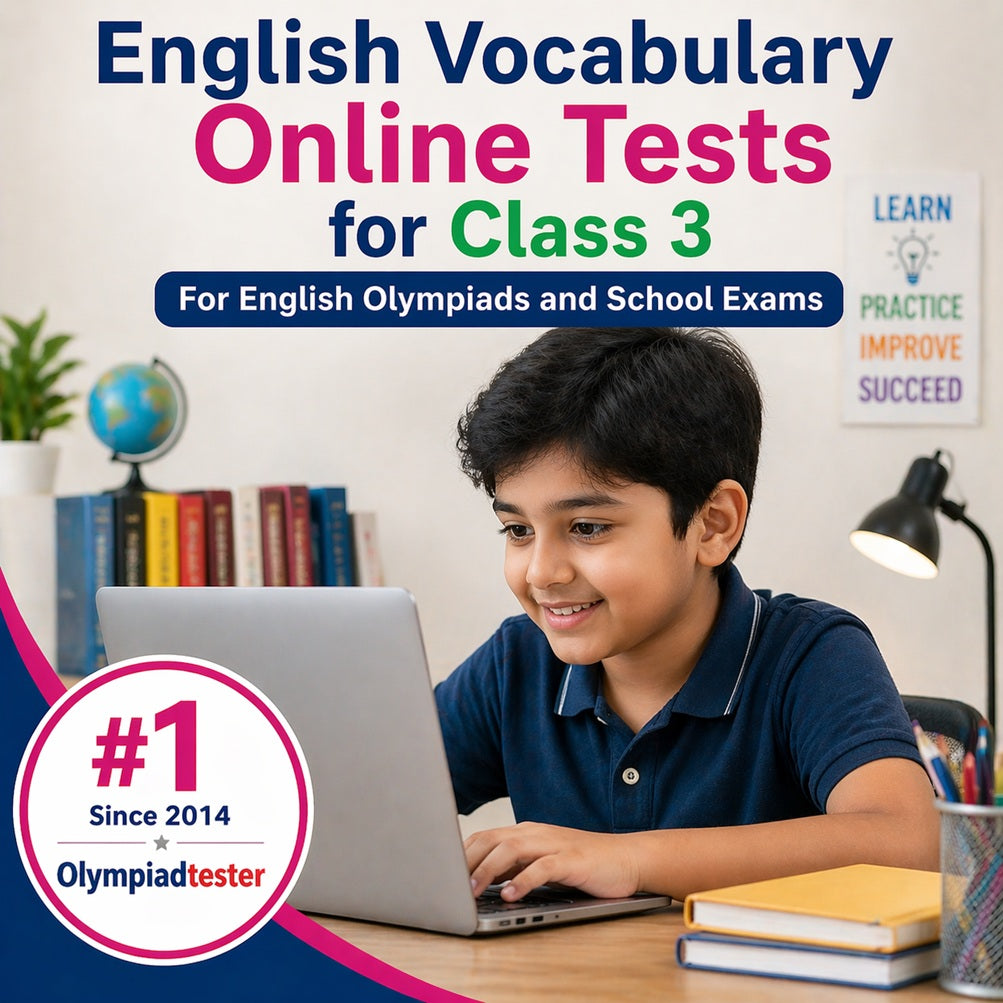 Class 3 child practising English vocabulary online tests for Olympiad and school exams on a laptop.