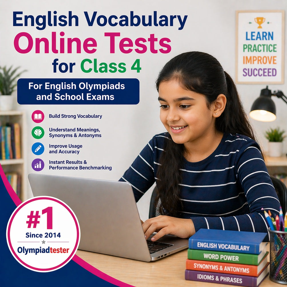 Class 4 girl practising English vocabulary online tests for Olympiad and school exams on a laptop