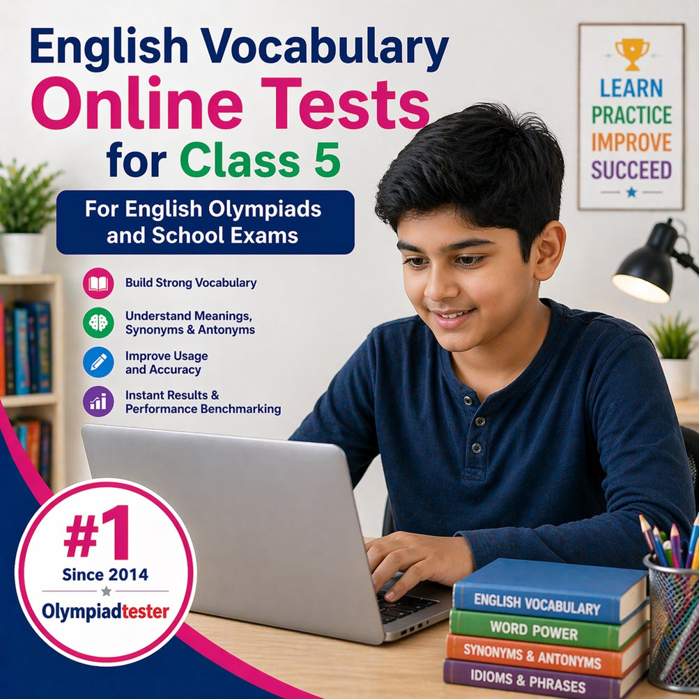 Class 5 girl practising English vocabulary online tests for Olympiad and school exams on a laptop