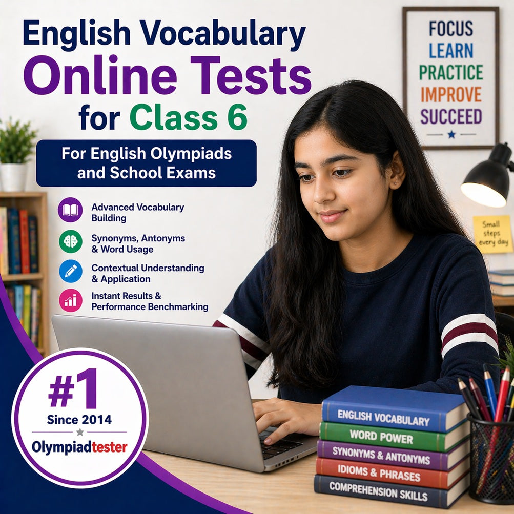 Class 4 girl practising English vocabulary online tests for Olympiad and school exams on a laptop.