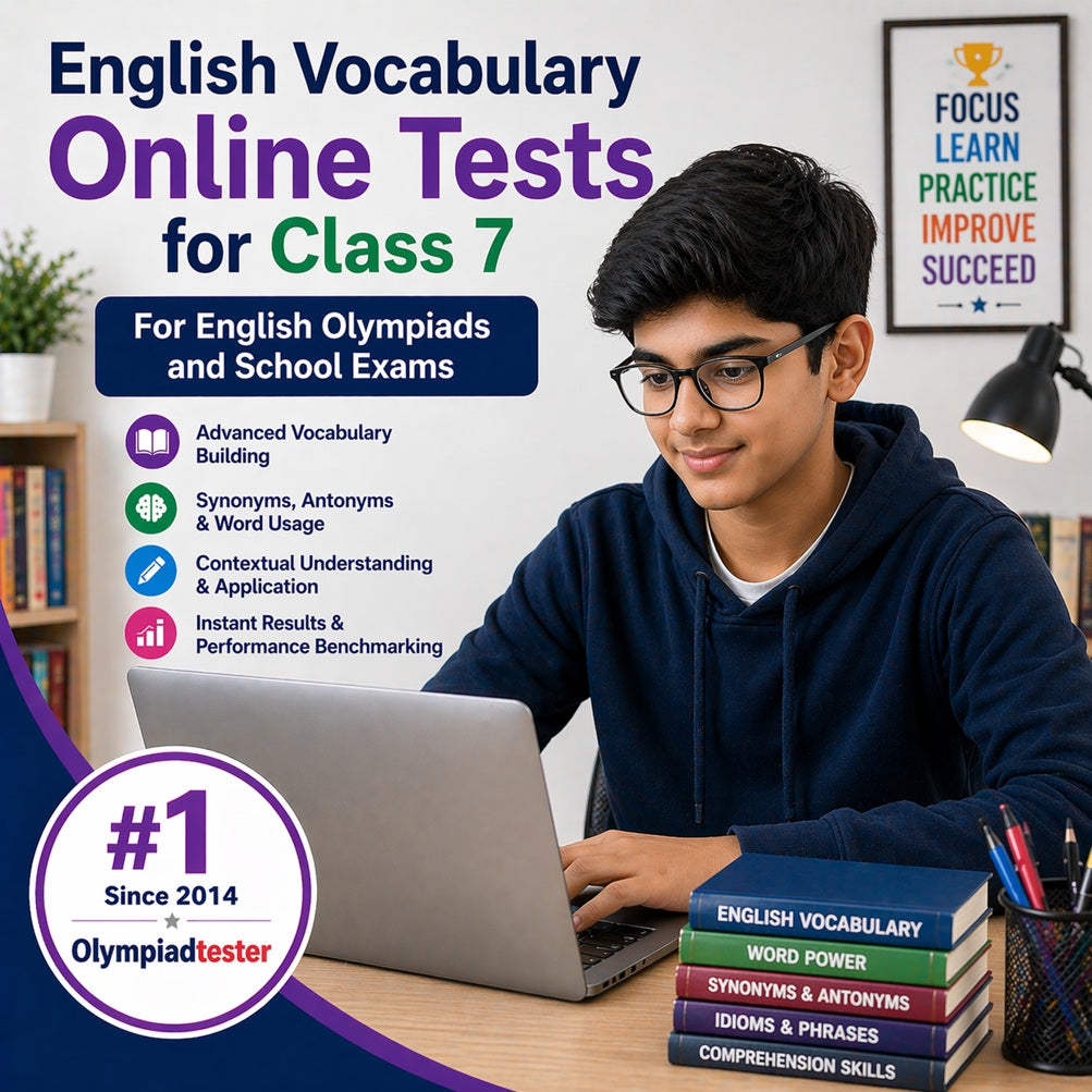 Class 7 boy practising English vocabulary online tests for Olympiad and school exams on a laptop.