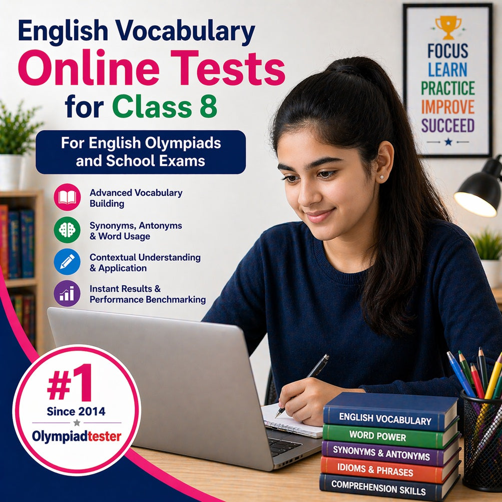 Class 8 girl practising English vocabulary online tests for Olympiad and school exams on a laptop