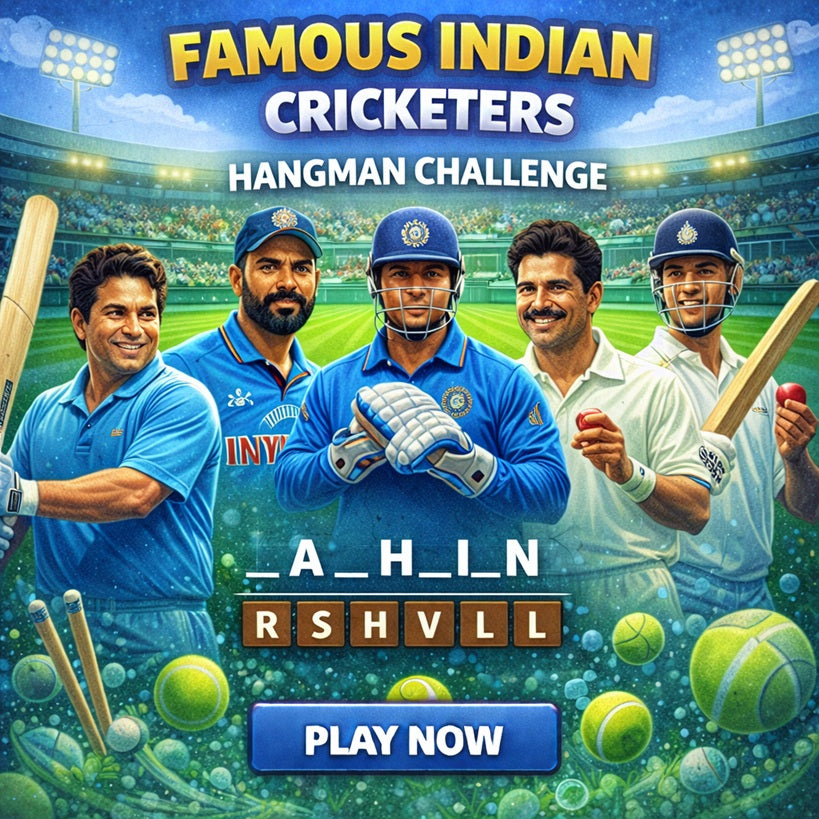 Famous Indian cricketers hangman challenge featuring cricket legends and iconic players.
