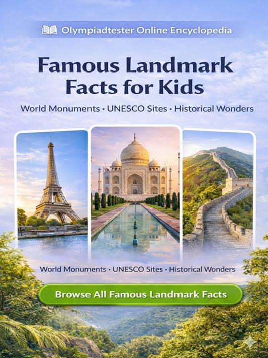 Famous landmarks online encyclopedia for kids featuring the Eiffel Tower, Taj Mahal and Great Wall of China on Olympiadtester.