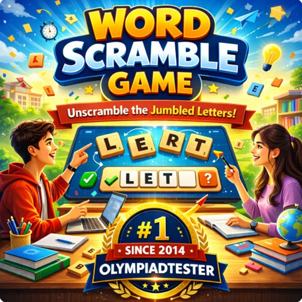 Free online word scramble game for kids with boy and girl solving jumbled letters, Olympiadtester #1 since 2014 badge.
