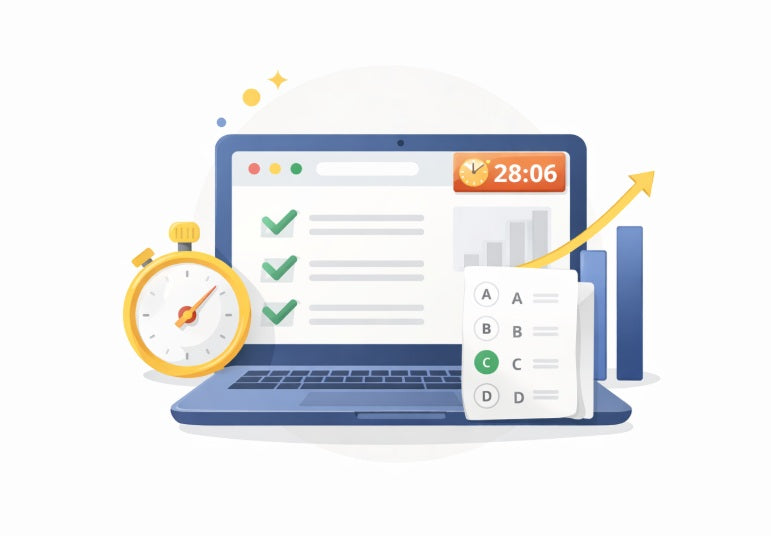 Laptop showing online mock test with timer, checklist and performance graph representing exam simulation.