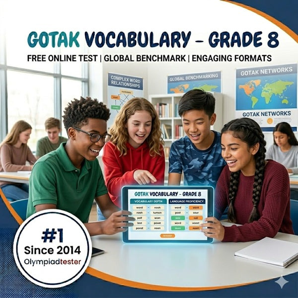 Grade 8 student taking online vocabulary test to improve English skills and global ranking.