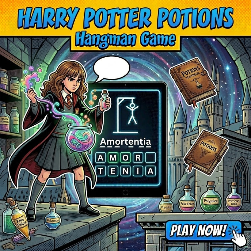 Harry Potter potions hangman challenge featuring magical brews and wizarding world theme.