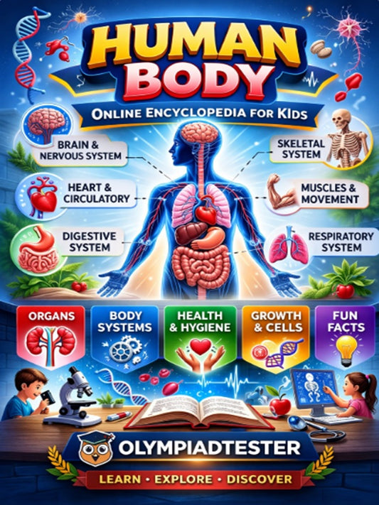 Human body online encyclopedia cover featuring labeled body systems including brain, heart, lungs, digestive system, and skeleton.