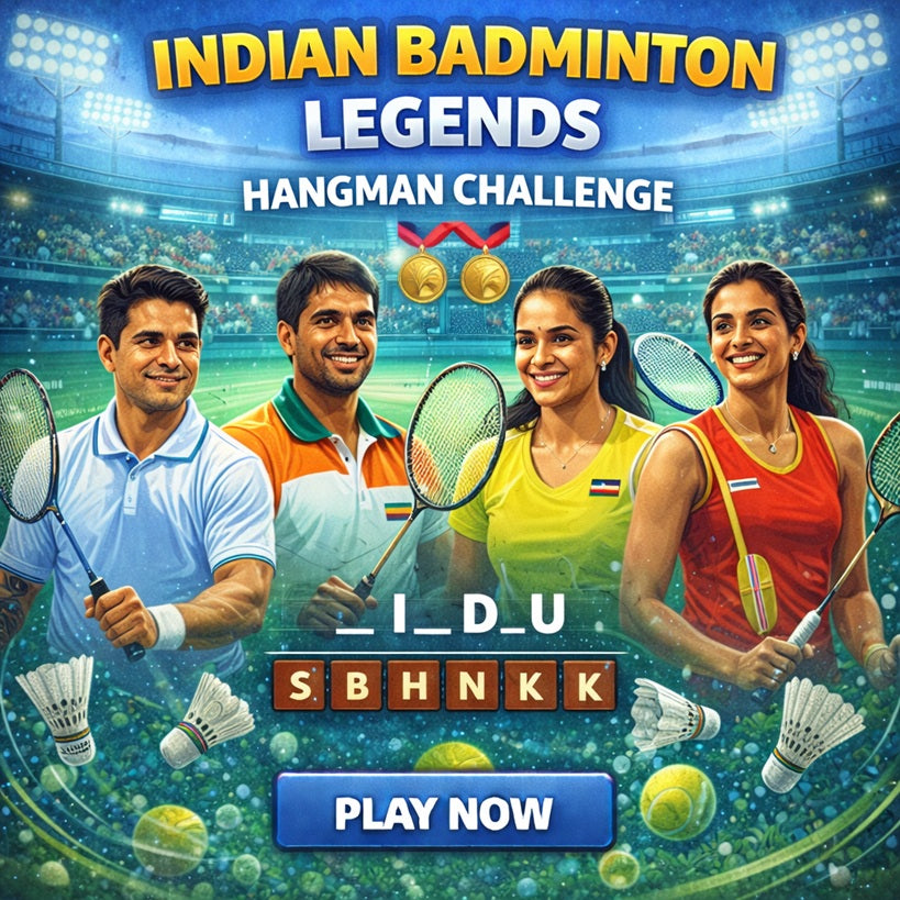 Indian badminton legends hangman challenge featuring top Indian badminton players.