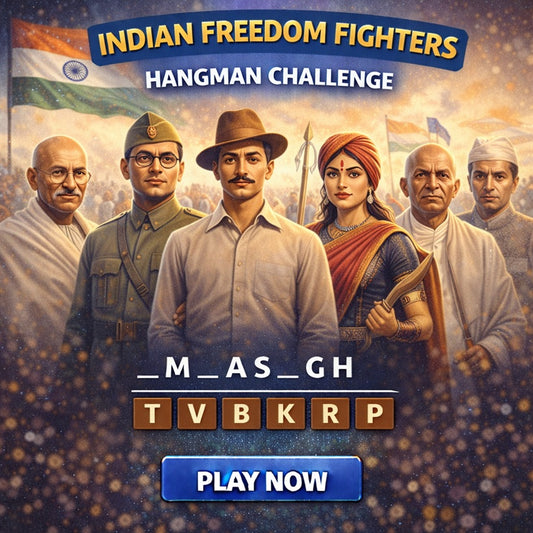 Indian freedom fighters hangman challenge featuring leaders of independence movement.