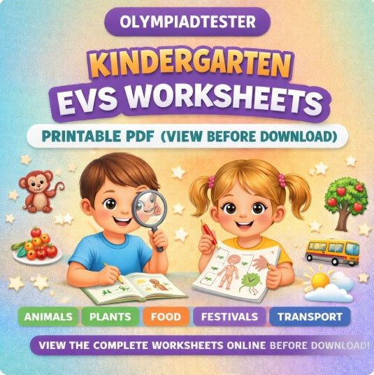 Kindergarten EVS worksheets printable PDF covering animals plants food festivals transport and weather activities.