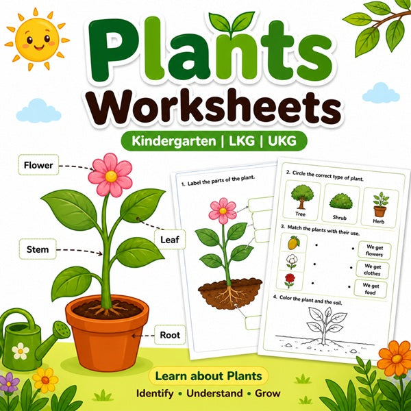 Kindergarten plants worksheets for LKG and UKG kids learning parts of plants and plant types.