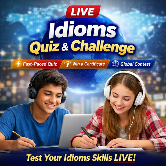 Students taking live idioms quiz challenge online with laptop headphones global vocabulary contest English learning.