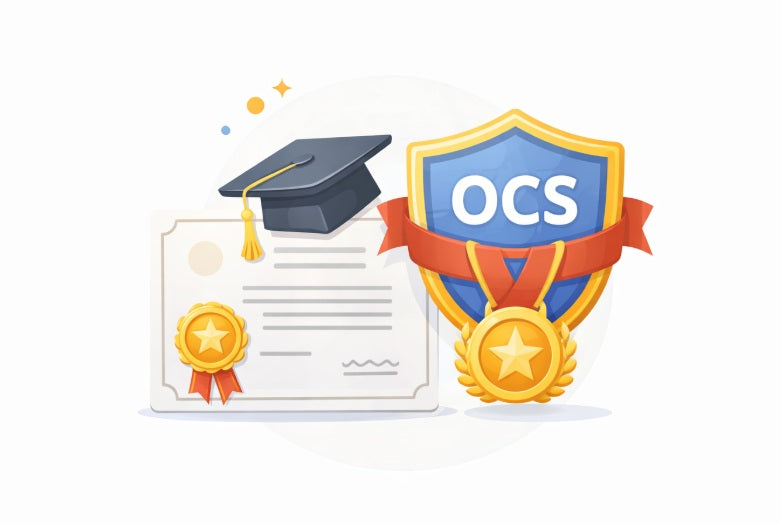 OCS Olympiadtester Certified Student badge with certificate, graduation cap and gold medal representing Olympiad preparation recognition.