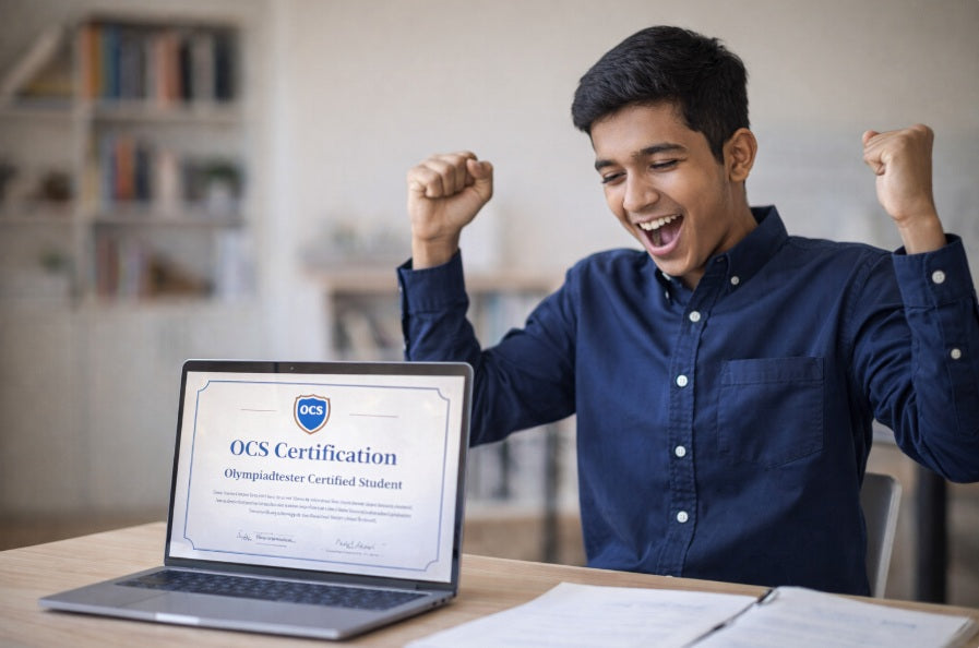 Student celebrating OCS online certification on laptop from Olympiadtester for Olympiad preparation achievement.