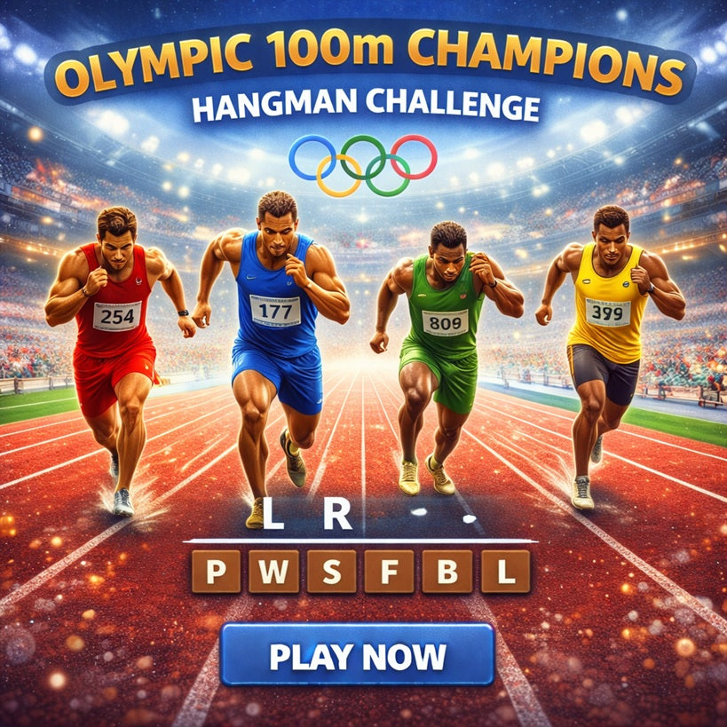 Olympic 100m champions hangman challenge featuring fastest runners and sprint race action.