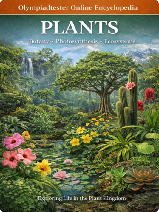 Plants online encyclopedia cover featuring diverse plant life including trees, flowers, cactus, rainforest vegetation, and aquatic plants.