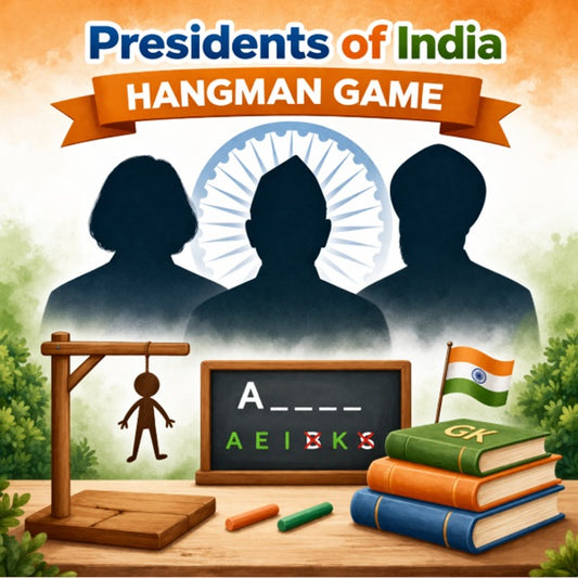 Presidents of India hangman game illustration with silhouettes, Indian flag theme and educational quiz elements.