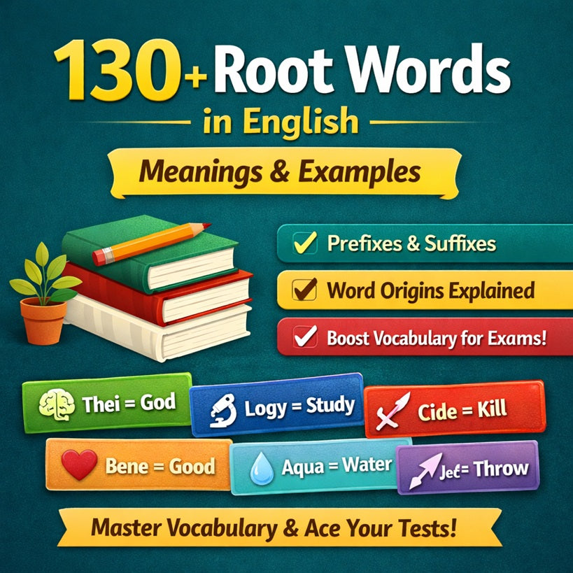 130+ root words in English with meanings and examples including prefixes, suffixes, and word origins for vocabulary building.