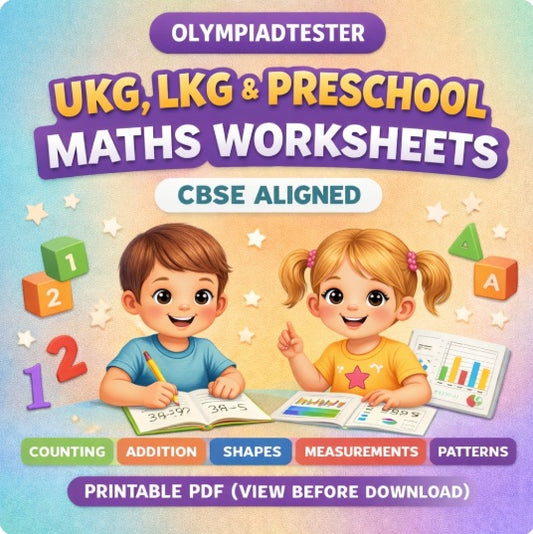 UKG LKG and preschool maths worksheets printable PDF with counting, addition, shapes, measurements and patterns activities featuring children.