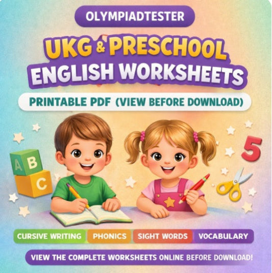 UKG and preschool English worksheets printable PDF with cursive writing, phonics, sight words and vocabulary activities featuring children.